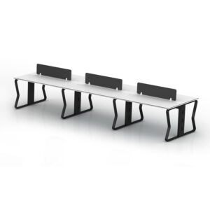 A FLOW 6 Seat Workstation with black legs and dark screens