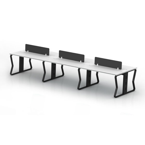 A FLOW 6 Seat Workstation with black legs and dark screens